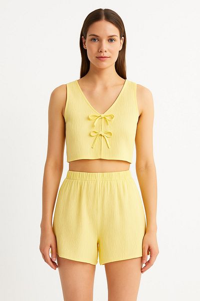 Bolders Outdoors Yellow Linen Women's Bow Vest and Shorts Bottom - Top Set