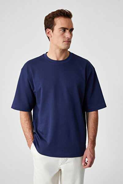 GRIMELANGE Hison Men's Relaxed Crew Neck Short Sleeve Navy T-Shirt