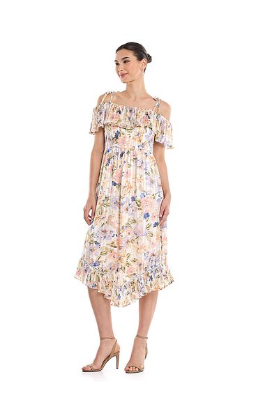 R&B Floral Print Off Shoulder Asymmetric Dress