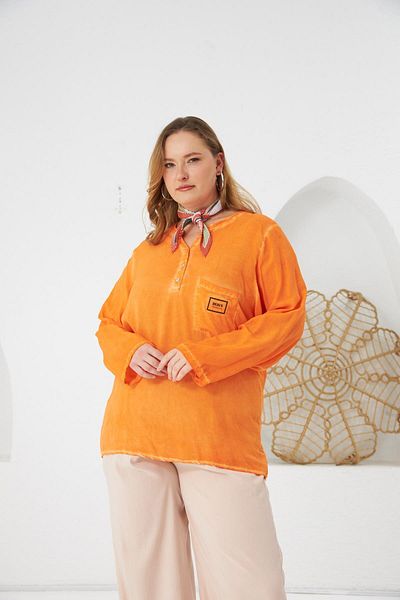 RMG Large Size Washable Blouse with Crest Detail Orange