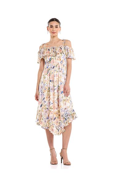 R&B Floral Print Off Shoulder Asymmetric Dress