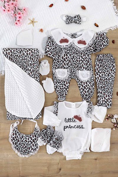 Sitilin Baby Girl Newborn Muslin Leopard 10 Piece Luxury Hospital Release Bodysuit Set Stl6996