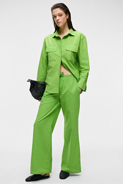 GRIMELANGE Ubana Kadın %100 Pamuk Keten Görünümlü Flamli Orta Bel Geniş Paça Rahat Yeşil Pantolon