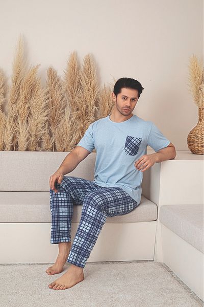 Huq Moda Ανδρικό σετ πιτζάμες με κοντό μανίκι με μπλέ μπλέ καρό με μακρύ βαμβακερό ύφασμα