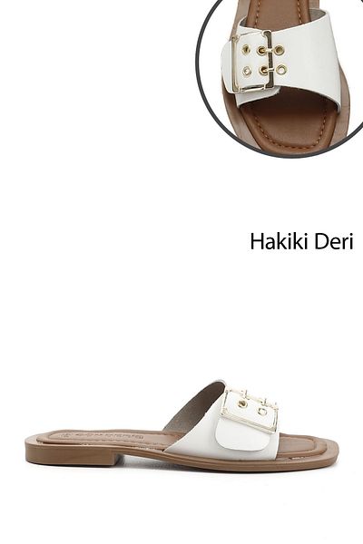 GÖNDERİ(R) Papuci din piele naturală cu cataramă albă pentru femei/fete