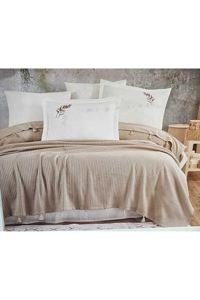 KÜBRAHOME'S New Home Tasseled Double Person Pi̇ke Set Cappi̇cuno