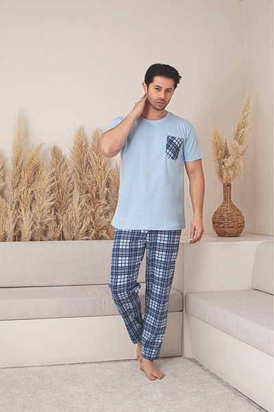 Huq Moda Ανδρικό σετ πιτζάμες με κοντό μανίκι με μπλέ μπλέ καρό με μακρύ βαμβακερό ύφασμα