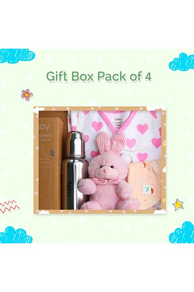 luay Premium Gift Box Set with Onesie, Feeding Bottle, Baby Bib and Teddy Bear for Babies (9-12 M)