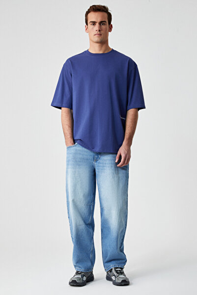 GRIMELANGE MAINE Ανδρικό μπλουζάκι με λεπτομέρεια από 100% οργανικό βαμβάκι Oversize Crew Neck Blue T-Shirt