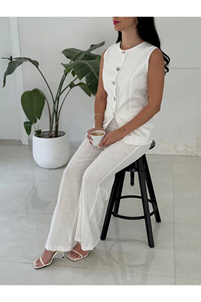 Myra طقم بنطلون كارما بأزرار كتان - أبيض