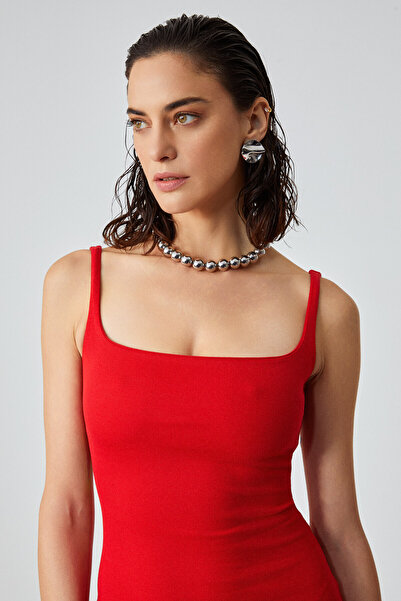 GRIMELANGE RINIA Kadın Slim Fit Geniş Yaka Askılı Kırmızı Elbise