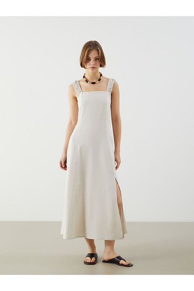 LC Waikiki Xside Beige Square Collar Linen Blended Dress S5O465Z8Nvy25