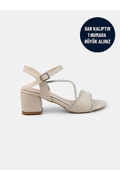 MAGGIO Cream Women's Stone Ankle Strap Thick Heeled Evening Dress Shoes