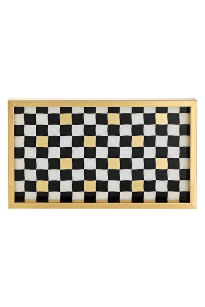 OEM Decorative Tray, Chessboard Pattern, Multicolor, 37x3x22cm, Gold Edge, Glass and Plastic