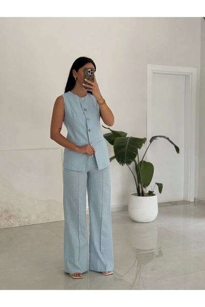 Myra طقم بنطلون كارما بأزرار كتان - أزرق