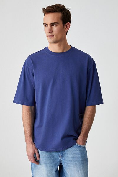 GRIMELANGE Maine Men's Embroidery Detailed 100% Organic Cotton Oversize Crew Neck Blue T-Shirt