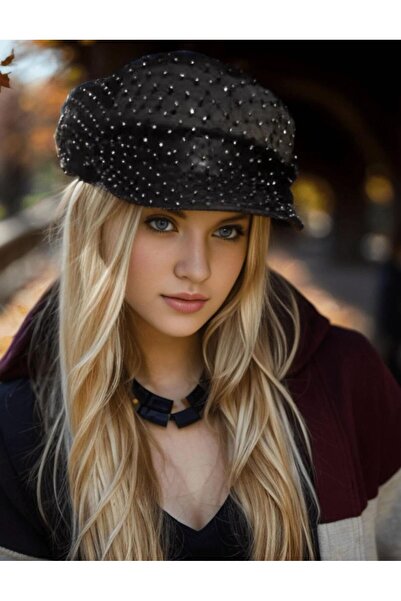 Axesoire 14593 Full Taşlı Siyah Kasket Şapka