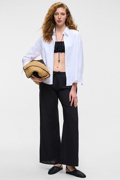 GRIMELANGE Ubana Women's 100% Cotton Linen Look Flamli Mid Waist Wide Leg Comfortable Black Pants
