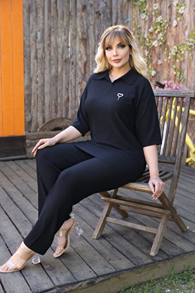 şuranur Set de pantaloni casual pentru femei cu guler de cămașă - țesătură înfășurată