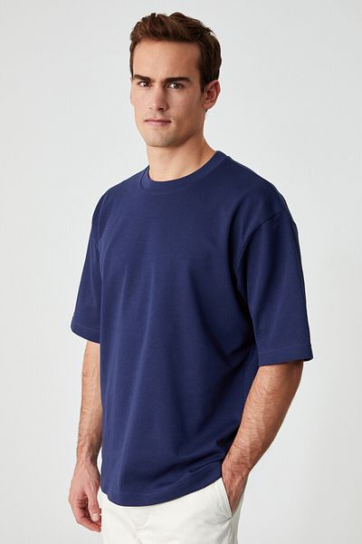 GRIMELANGE Hison Men's Relaxed Crew Neck Short Sleeve Navy T-Shirt