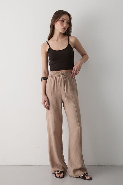 JASTE Women's Mink Beige Elastic Waist Lace-Up Linen Trousers
