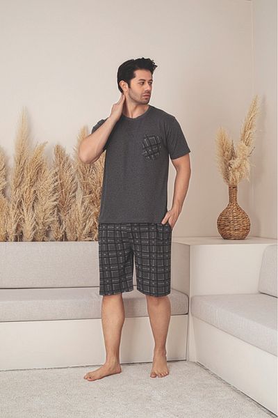 Huq Moda Ανδρικό σορτς Anthracite κοντομάνικο καρό χτενισμένο βαμβακερό ύφασμα εποχιακό σετ πιτζάμες