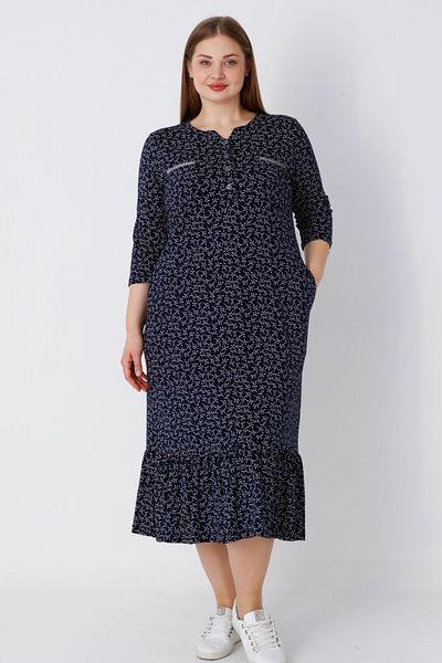 İntensive Plus Size Navy Blue Patterned Three Quarter Sleeve Buttoned Cotton Long Dress with Pocket Detail