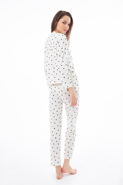 Cottonhill Premium Summer Women's Pajamas Set Cream Heart Pattern Soft Textured Crew Neck Long Sleeve