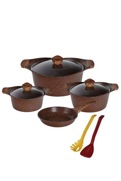 Procila 9-Piece Aluminum Cookware Set Dark Red With Tempered Glass Lid, Soft Touch Wooden Handles, N