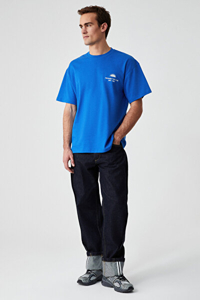 GRIMELANGE Чоловіча футболка KHARY з вишивкою та детальним вишиванням, 100% органічна бавовна, оверсайз, з круглим вирізом, саксофонного синього кольору