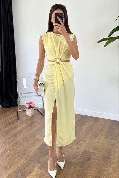 My Blog Yellow Front Buckle Side Cut Dress - 8190