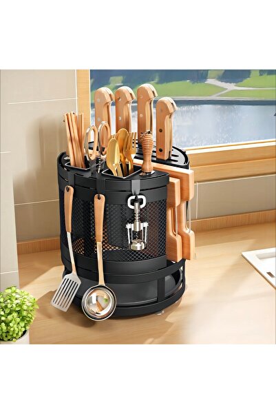 Un Organizer, Drainer, and 4 Hooks for Cutlery and Cutting Boards. 360 Degree Rotating Kitchen Utensil Holder with Modern Design