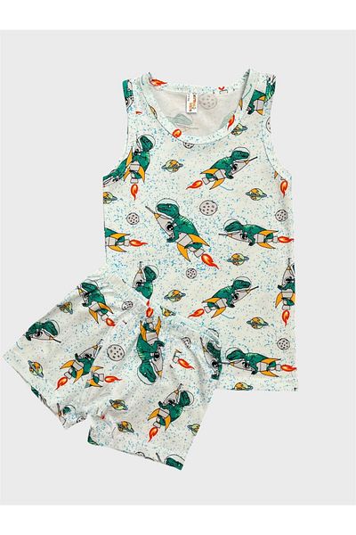 tusem butik homewear Boy's Cotton White Blue Dinosaur Patterned Tank Top Boxer Set