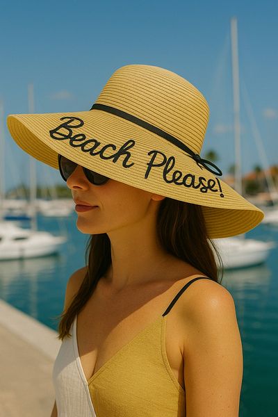 LAGRANZE Beach Please! Embroidered Wide Brim Straw Women's Beach Hat