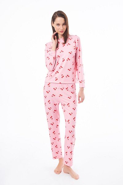 Cottonhill Premium Summer Women's Pajamas Set Cherry Pattern Soft Textured Crew Neck Long Sleeve