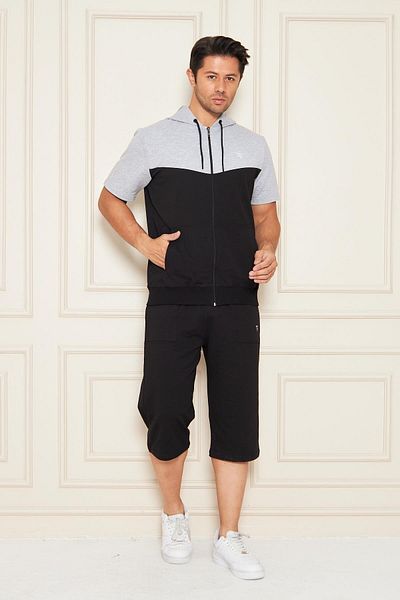 TRENDHİLL Ανδρικό βαμβακερό κουκούλα Capri Suit Γκρι / Μαύρο 7501-G.S.