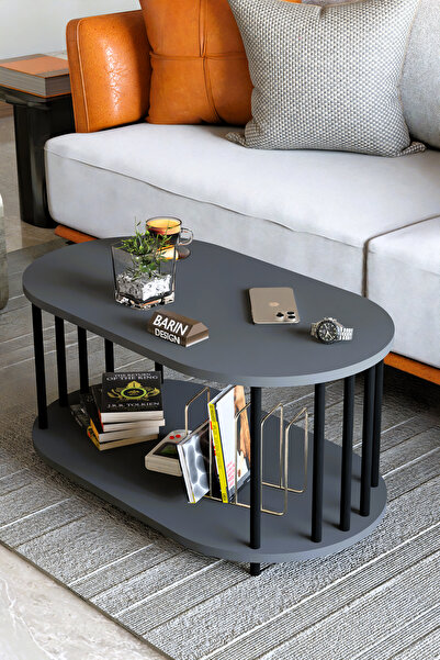 BARIN DESIGN Modern Oval Orta Sehpa Çift Katlı Metal Ayaklı Salon, Ofis, Dekoratif Sehpa, Kahve sehpası