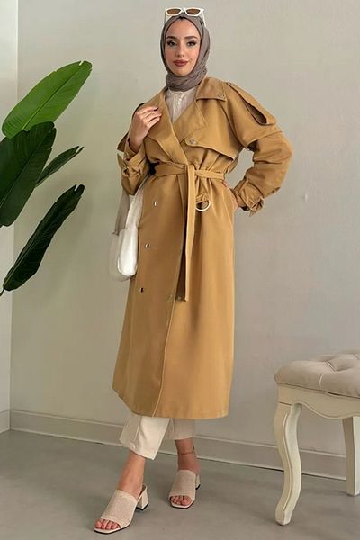 Tesettür Diyarı Camel Colored Trench Coat - Snap Detail and Lined, 120cm, 38-44 Compatible