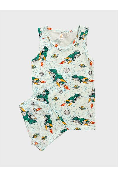 tusem butik homewear Boy's Cotton White Blue Dinosaur Patterned Tank Top Boxer Set