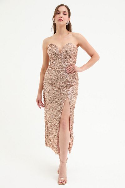 Lafaba Women's Gold Strapless Neck Sequin Midi Evening Dress