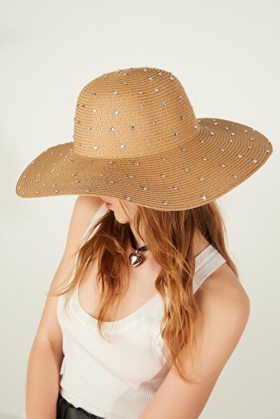 Axesoire 14556 Ευρύχωρο ψάθινο καπέλο Camel με πλήρη διακόσμηση από πέτρες