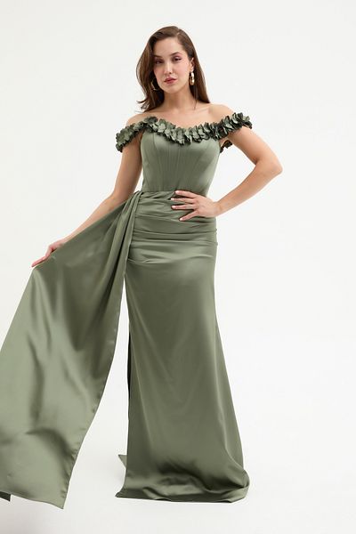 Lafaba Women's Khaki Collar Floral Long Satin Evening Dress