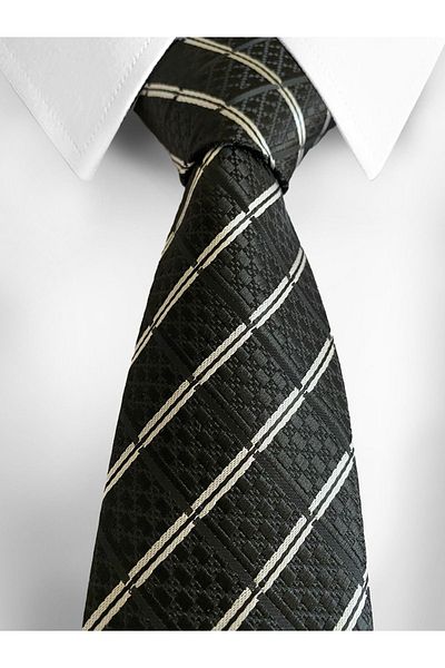 Dor Lion Black Tie and Handkerchief with White Stripes - 7 cm