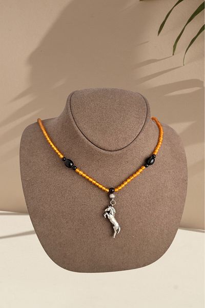 dergah tesbih Silver Horse Figured Drop Amber Necklace