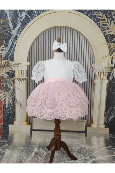 Hobidik Pink French Lace and Bow Detailed Baby Fluffy Dress