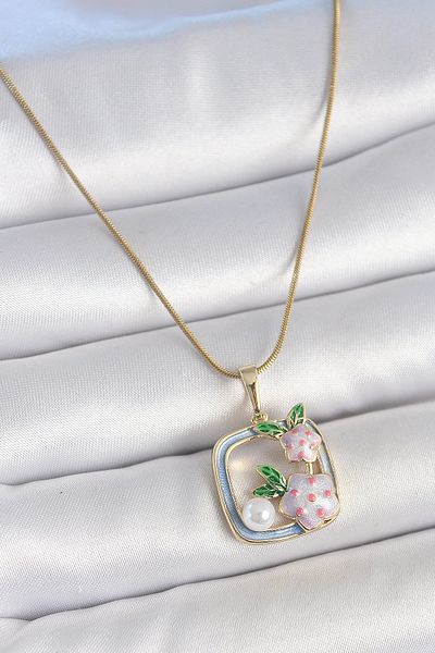 NEZADE STORE 316L Steel Gold Color Chain Blue Enamel Square Model Flower Embroidered Pearl Detail Women's Necklace - Lisinya