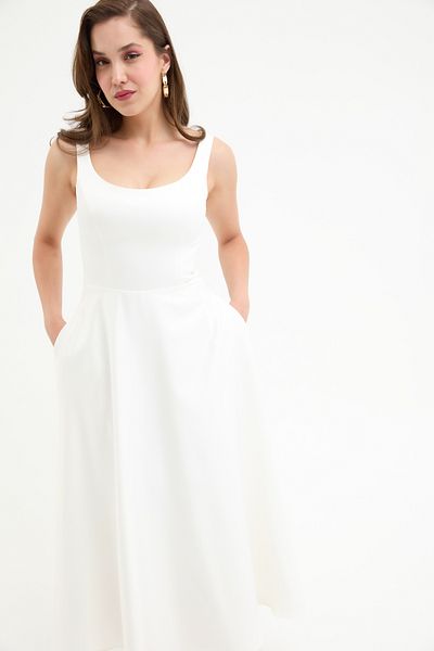 Lafaba Women's White Square Collar Midi Satin Promise Engagement Wedding Evening Dress