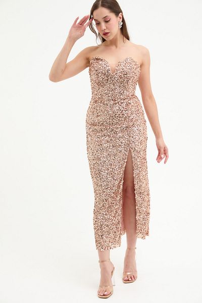 Lafaba Women's Gold Strapless Neck Sequin Midi Evening Dress
