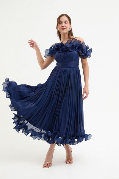 Lafaba Women's Navy Blue Collar Detail Midi Evening Dress