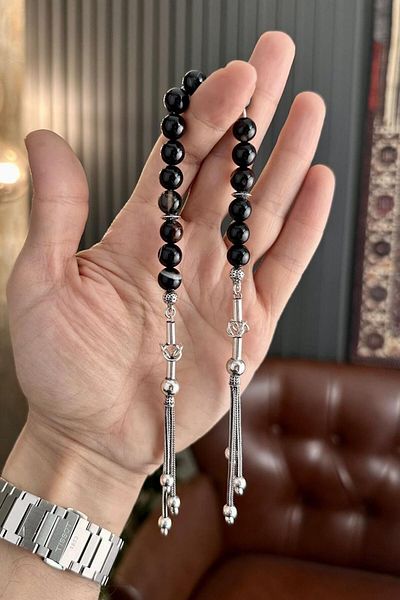 dergah tesbih Black Veined Yemen Agate Silver Design Zaza Rosary